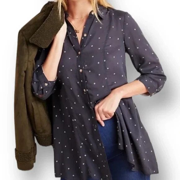 NWT Anthropologie Maeve Monika Buttondown Tunic Shirt Top Women S Navy Polka Dot - Picture 1 of 13